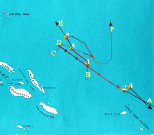 Map of the Battle of the Santa Cruz Islands, October 26, 1942.  Red lines are Japanese warship forces and black lines are U.S. carrier forces.  Numbered yellow dots represent significant actions in the battle.