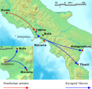 Initial movements of Roman and Slave forces from the Capuan revolt up to and including the winter of 73–72 BC.