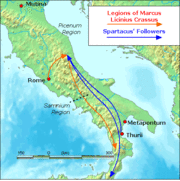 The events of early 71 BC. Marcus Licinius Crassus takes command of the Roman legions, confronts Spartacus, and forces the rebel slaves to retreat through Lucania to the straits near Messina. Plutarch claims this occurred in  the Picenum region, while Appian places the initial battles between Crassus and Spartacus in the Samnium region.