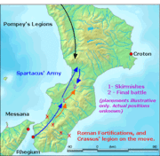 The last events of the war in 71 BC, where the army of Spartacus broke the siege by Crassus' legions and retreated toward the mountains near Petelia. Shows the initial skirmishes between elements of the two sides, the turn-about of the Spartacan forces for the final confrontation. Note the legions of Pompey moving in from the north to capture survivors.