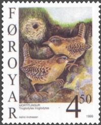 Winter Wren (Troglodytes troglodytes)Stamp FR 345 of Postverk Føroya, Faroe IslandsIssued: 22 February 1999Artist: Astrid Andreasen
