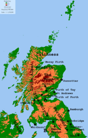 Some locations in northern Britain, late 9th and early 10th centuries. The dotted line marked A represents the southern boundary of the Kingdom of Alba, c. 890–950. The dotted line marked B represents the southern boundary of the Kingdom of Strathclyde, c. 925–945.