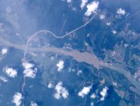 This image taken from the International Space Station shows, from right to left, the Miraflores locks, Miraflores Lake, Pedro Miguel locks, and the Centennial Bridge.