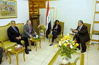 The President of Iraq, Jalal Talabani, meeting with U.S. officials in Baghdad, Iraq, on April 26, 2006.