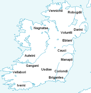 The earliest known tribes of Ireland according to Ptolemy's description of the island.[1]