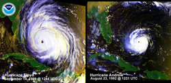 Visual comparison of Floyd with Hurricane Andrew while at similar positions and nearly identical intensities