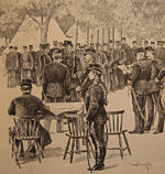 Swedish tenement soldiers at a general muster, drawing by Gustaf Cederström, 1887.