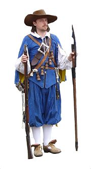 Musketeer from Altblau regiment (1624–1650) from Swedish army with musket and with bardiche (long poleaxe)
