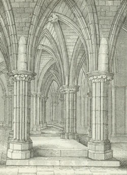 This is a 19th-century depiction of some columns in the crypt of Glasgow Cathedral; it is one of the few structures said to have survived from Jocelin's era.