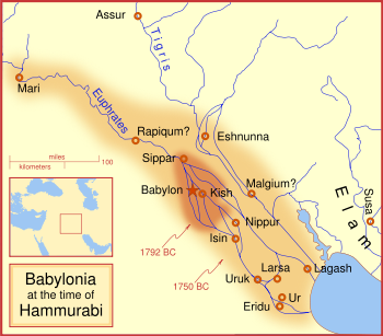 The extent of the Babylonian Empire at the start and end of Hammurabi's reign
