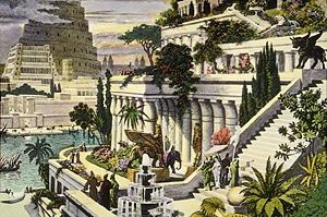 A 16th century depiction of the Hanging Gardens of Babylon (by Martin Heemskerck). The Tower of Babel is visible in the background.