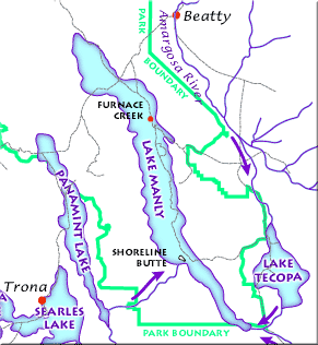 The Lake Manly lake system as it might have looked during its last maximum extent 22,000 years ago. (USGS image)