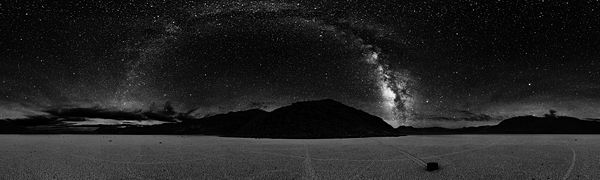 360° panorama of Racetrack Playa at night. The Milky Way is visible as an arc in the center.