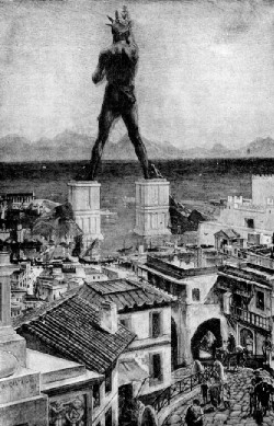 This drawing of Colossus of Rhodes, which illustrated The Grolier Society's 1911 Book of Knowledge, is probably fanciful, as the statue likely did not stand astride the harbour mouth.