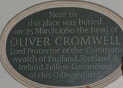 Plaque commemorating the reinterment of Cromwell's head at Sidney Sussex College.