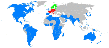 A map showing the Provinces of the Anglican Communion (Blue). Also shown are the Churches in full communion with the Anglicans: The churches of the Porvoo Communion (Green), and the Old Catholics (Red).