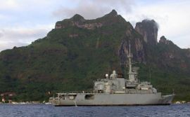 The French frigate Floréal, stationed in Bora Bora lagoon.