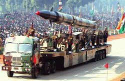An Agni-II intermediate range ballistic missile displayed at the Republic Day Parade in 2004.