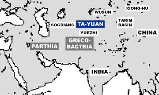 The Dayuan (in Ferghana) was one of the three advanced civilizations of Central Asia around 130 BCE, together with Parthia and Greco-Bactria, according to the Chinese historical work Book of Han.