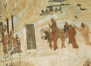 Zhang Qian leaving emperor Han Wudi, for his expedition to Central Asia from 138 to 126 BCE, Mogao Caves mural, 618–712 CE.