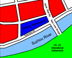 Map of the area around the warehouseBlue: Garrisoned by NRA troops Red: Controlled by IJA troops    Green: Foreign concessions