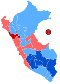 Geographic distribution of Second Round votes, by winning candidate.       Alan García, >2/3 of valid votes      Alan García, <2/3 of valid votes      Ollanta Humala, >2/3      Ollanta Humala, <2/3