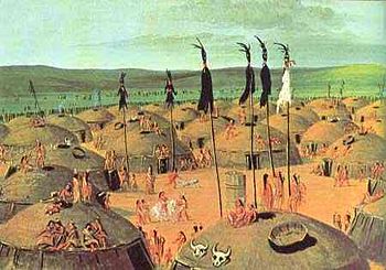 Painting of a Mandan village by George Catlin. Circa 1833.