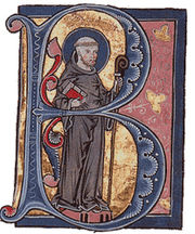 Saint Bernard of Clairvaux, in a medieval illuminated manuscript.