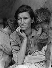 Dorothea Lange's Migrant Mother depicts destitute pea pickers during the depression in California, centering on Florence Owens Thompson, a mother of seven children at age 32, March 1936.