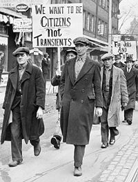 Unemployed men march in Toronto, Canada