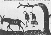 A cartoon threatening the KKK will lynch carpetbaggers, Tuscaloosa, Alabama, Independent Monitor, 1868