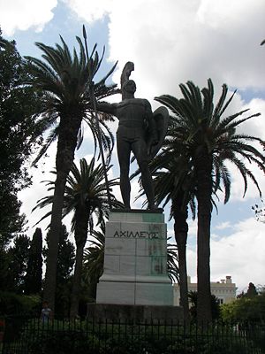 Achilles as guardian of the palace in the gardens of the Achilleion in Corfu. He gazes northward toward the city. The inscription in Greek reads: ΑΧΙΛΛΕΥΣ i.e. Achilles
