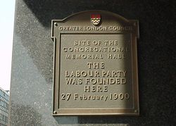 Plaque recording the location of the formation of the British Labour Party in 1900.
