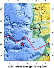 Estimated epicentre of the 1755 Lisbon earthquake.