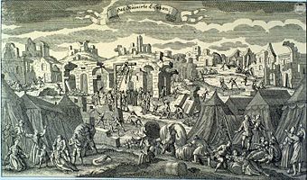 The Ruins of Lisbon.  Survivors lived in tents on the outskirts of the city after the earthquake, as shown in this fanciful 1755 German engraving.