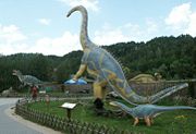 Model Diplodocus standing on its hind legs in Bałtów, Poland.
