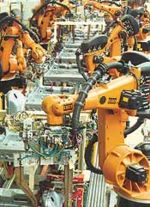Industrial robots perform repetitive tasks, such as assembling vehicles.