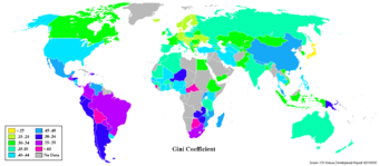 Differences in national income equality around the world as measured by the national Gini coefficient. The Gini coefficient is a number between 0 and 1, where 0 corresponds with perfect equality (where everyone has the same income) and 1 corresponds with perfect inequality (where one person has all the income, and everyone else has zero income).