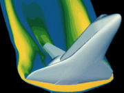 A computer simulation of high velocity air flow around the Space Shuttle during re-entry.