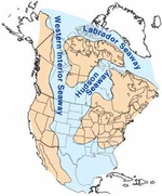 Map of North America highlighting the shallow inland sea present during the mid-Cretaceous period.