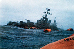 The ARA General Belgrano sinks following attack by Royal Navy submarine HMS Conqueror.