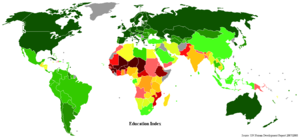 World map indicating Education Index (2007/2008 Human Development Report)