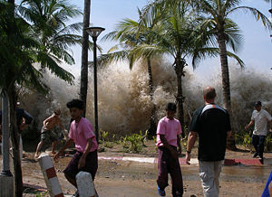 The tsunami caused by the December 26, 2004 earthquake strikes Ao Nang, Thailand.