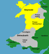 Wales c. 1217. Yellow: areas directly ruled by Llywelyn; Grey: areas ruled by Llywelyn's client princes; Green: Anglo-Norman lordships.