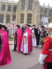 Officers of the Order of the Garter (left to right): Secretary (barely visible), Gentleman Usher of the Black Rod, Garter Principal King of Arms, Register, Prelate, Chancellor.