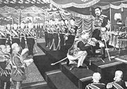 The Meiji Emperor receiving the Order of the Garter from Prince Arthur of Connaught in 1906, as a consequence of the Anglo-Japanese Alliance.