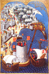 The 1480 Siege of Rhodes. Ships of the Hospitaliers in the forefront, and Turkish camp in the background.