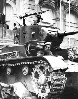 Throughout the 1930s, the Red Army concentrated its efforts on developing a highly mechanized, mobile war machine. Pictured here, a Soviet T-26 tank performs operations during the Spanish Civil War.