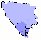 Map of modern Bosnia and Herzegovina. 1. Sarajevo, 2. Stolac, 3. Gacko, 4. Trebinje. Herzegovina is shaded darker.