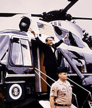 President Richard Nixon departing the White House on August 9, 1974, shortly before his resignation took effect.  Felt's leaks to Woodward spurred the investigations that led to his resignation.